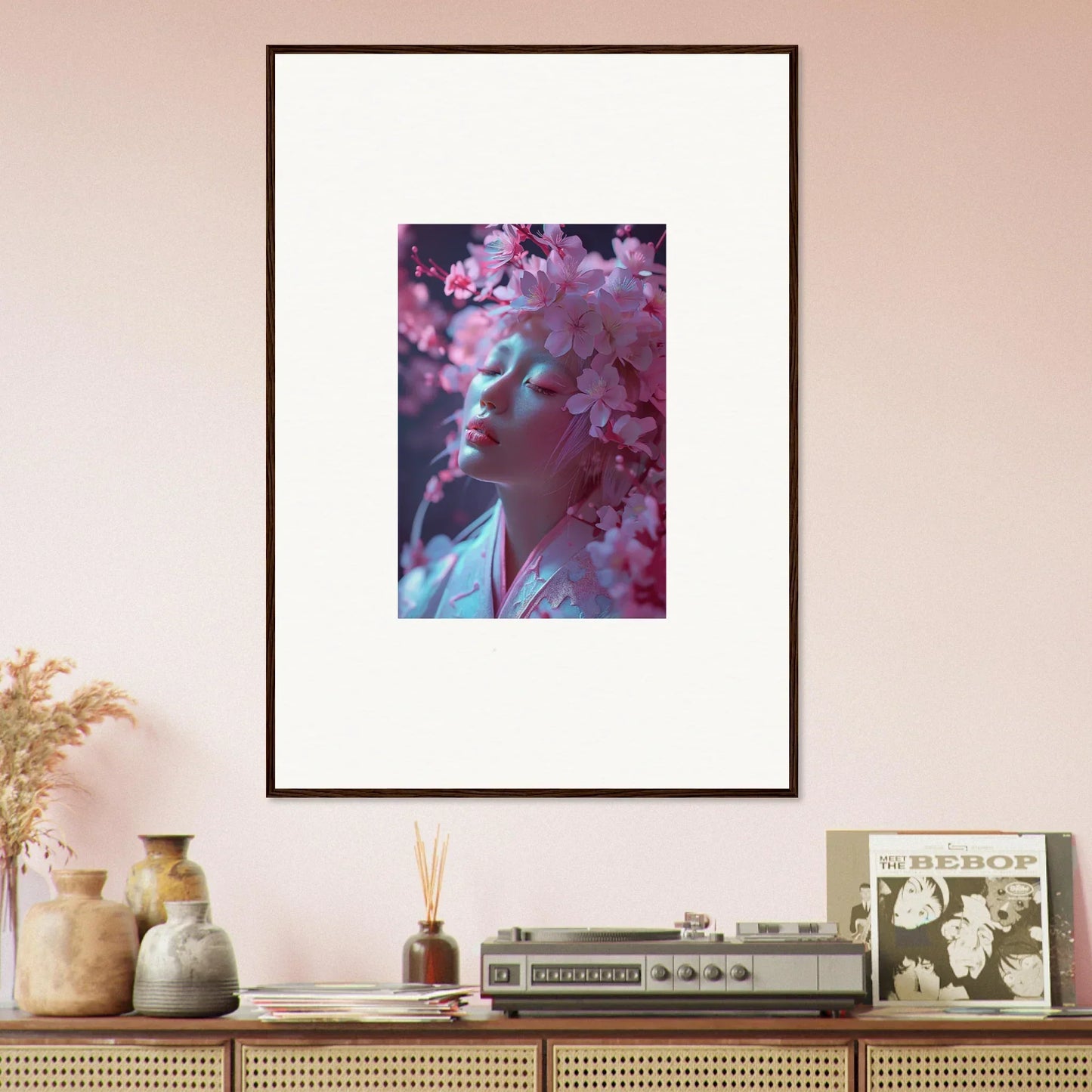 Framed canvas print of a person in pink cherry blossoms for dreamy room decoration