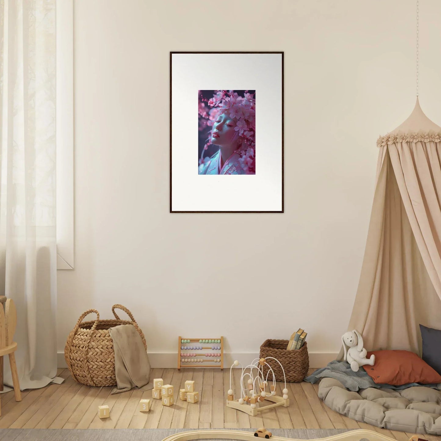 Framed canvas print of Sakura Dreams with a portrait and purple floral design for room decoration