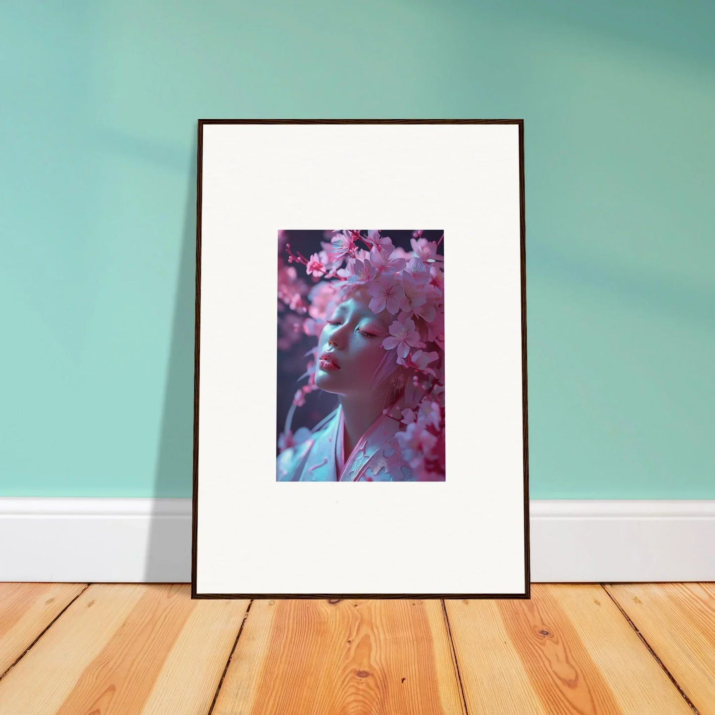 Framed photograph of a person among pink cherry blossoms for your Sakura Dreams room decoration