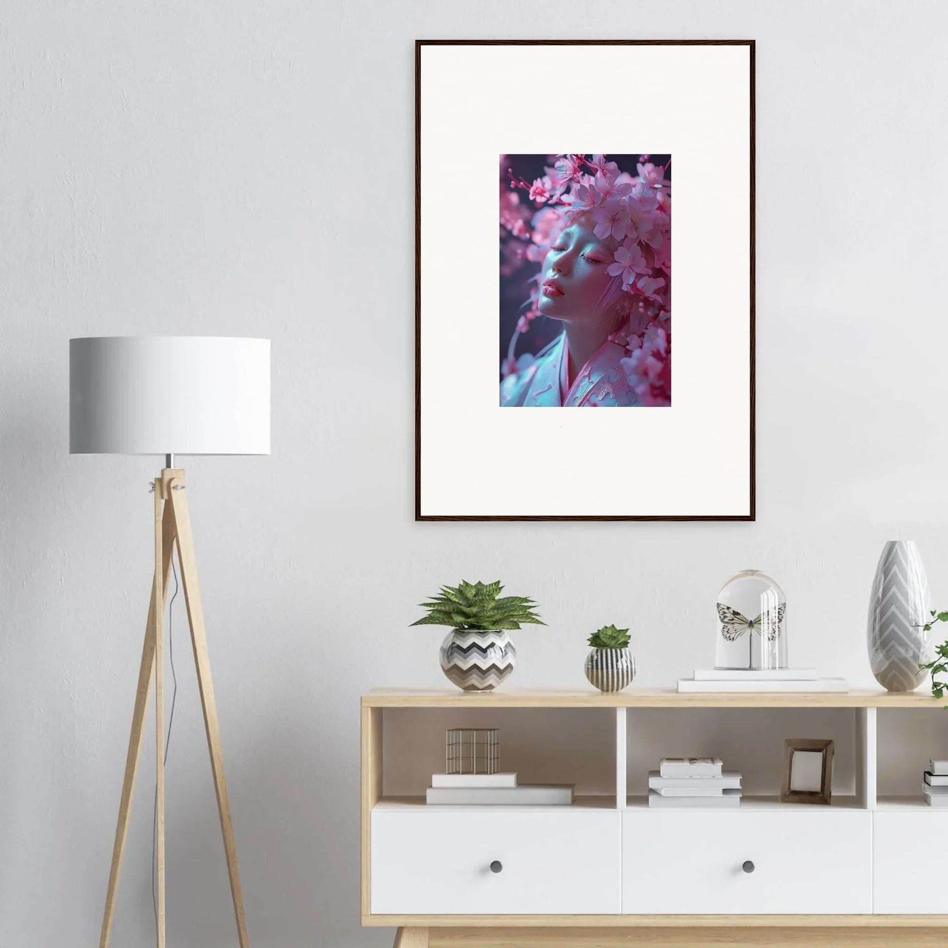 Framed canvas print of Sakura Dreams portrait with pink floral elements for room decoration