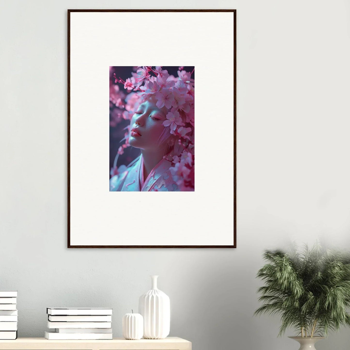 Framed canvas print of dreamy Sakura Dreams portrait with pink cherry blossoms