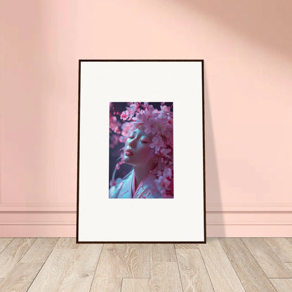 Framed canvas print of Sakura Dreams featuring a figure amid pink cherry blossoms