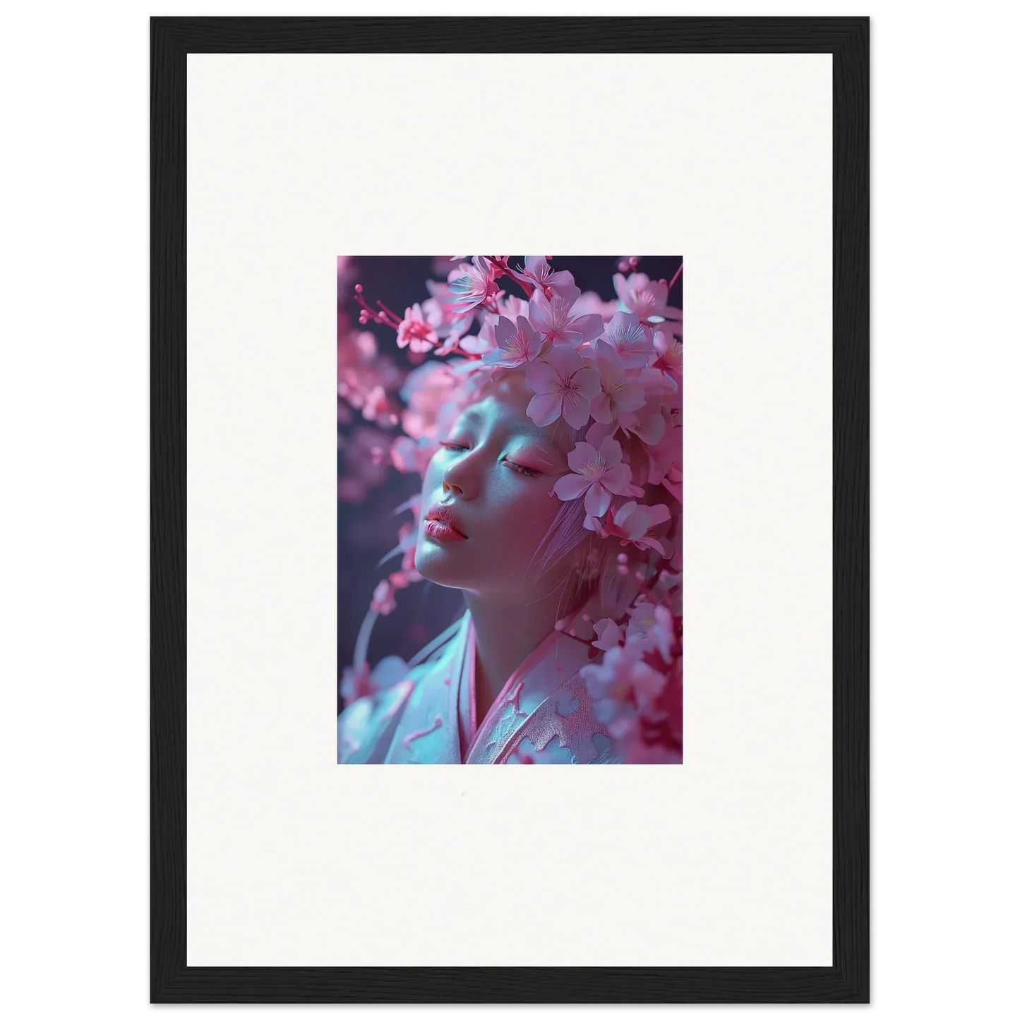 Framed canvas print of a shadowy profile with pink Sakura Dreams blossoms for room decoration