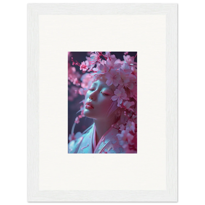 Framed canvas print of a person in pink cherry blossoms for dreamy room decoration