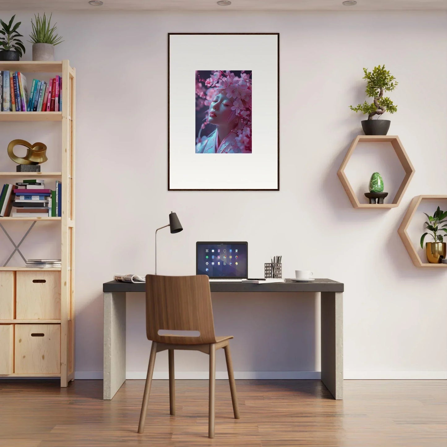 Modern home office with sleek desk, comfy chair, and Sakura Dreams canvas print decor