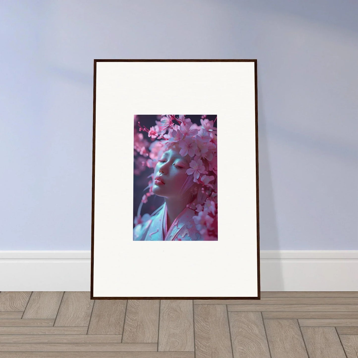 Framed canvas print of Sakura Dreams portrait with pink cherry blossoms for room decoration