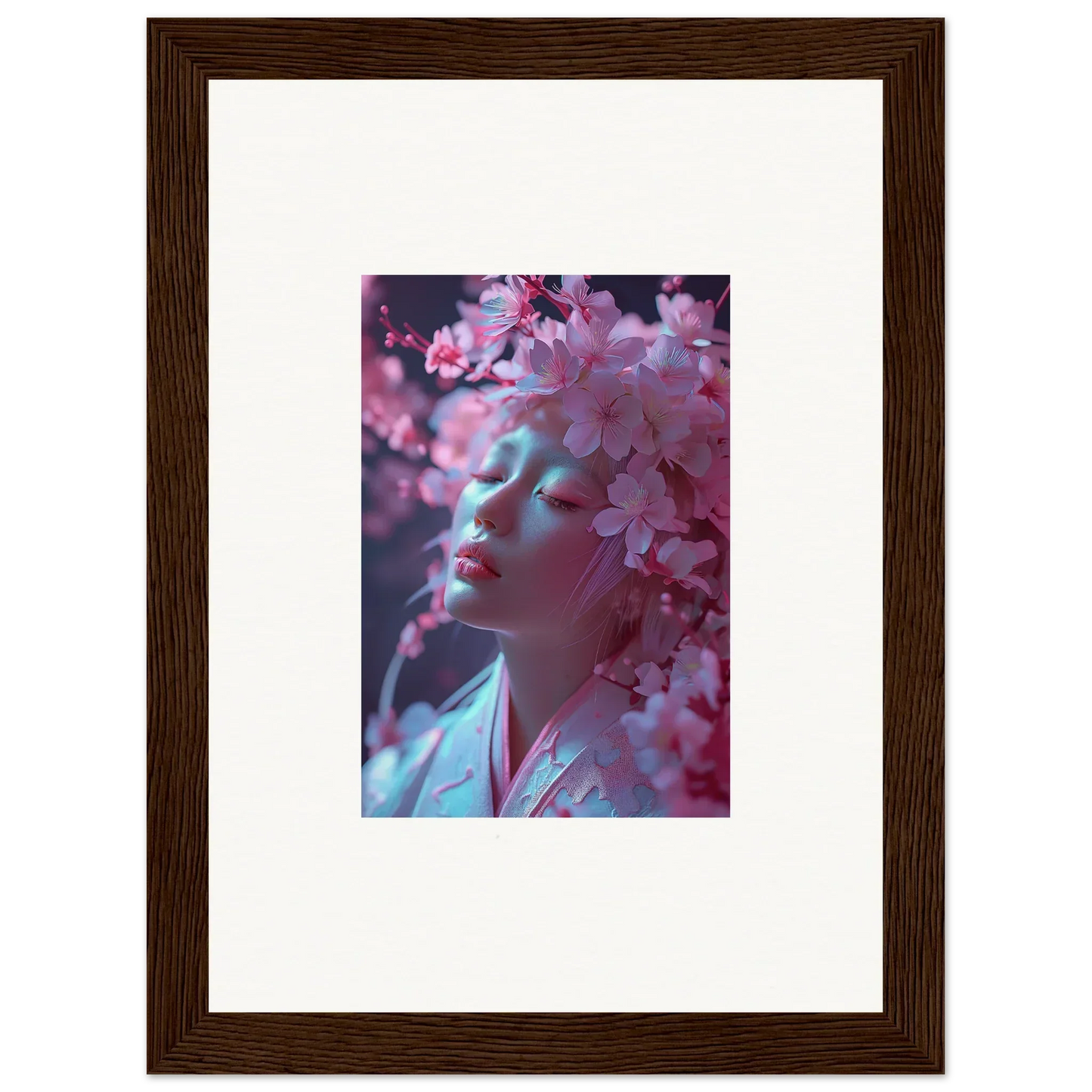 Framed photograph of pink cherry blossoms for dreamy room decoration or a canvas print