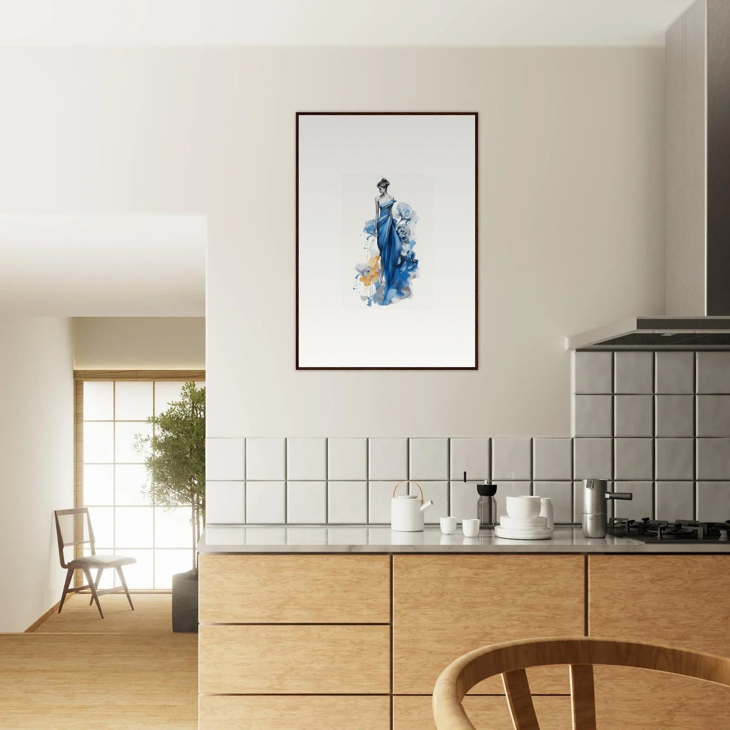 Framed wall art of blue abstract figure in Ephemeral Sapphire Blossoms design