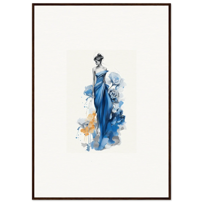 Elegant figure in a blue gown showcased in Ephemeral Sapphire Blossoms framed wall art