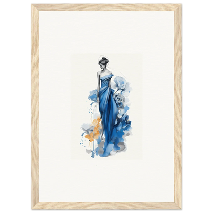 Elegant watercolor of a figure in a blue gown for Ephemeral Sapphire Blossoms art