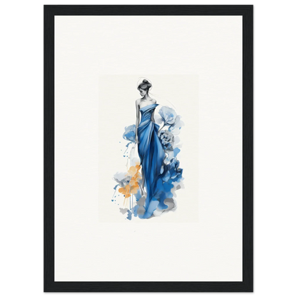 Elegant watercolor fashion illustration of flowing blue evening gown for Ephemeral Sapphire Blossoms