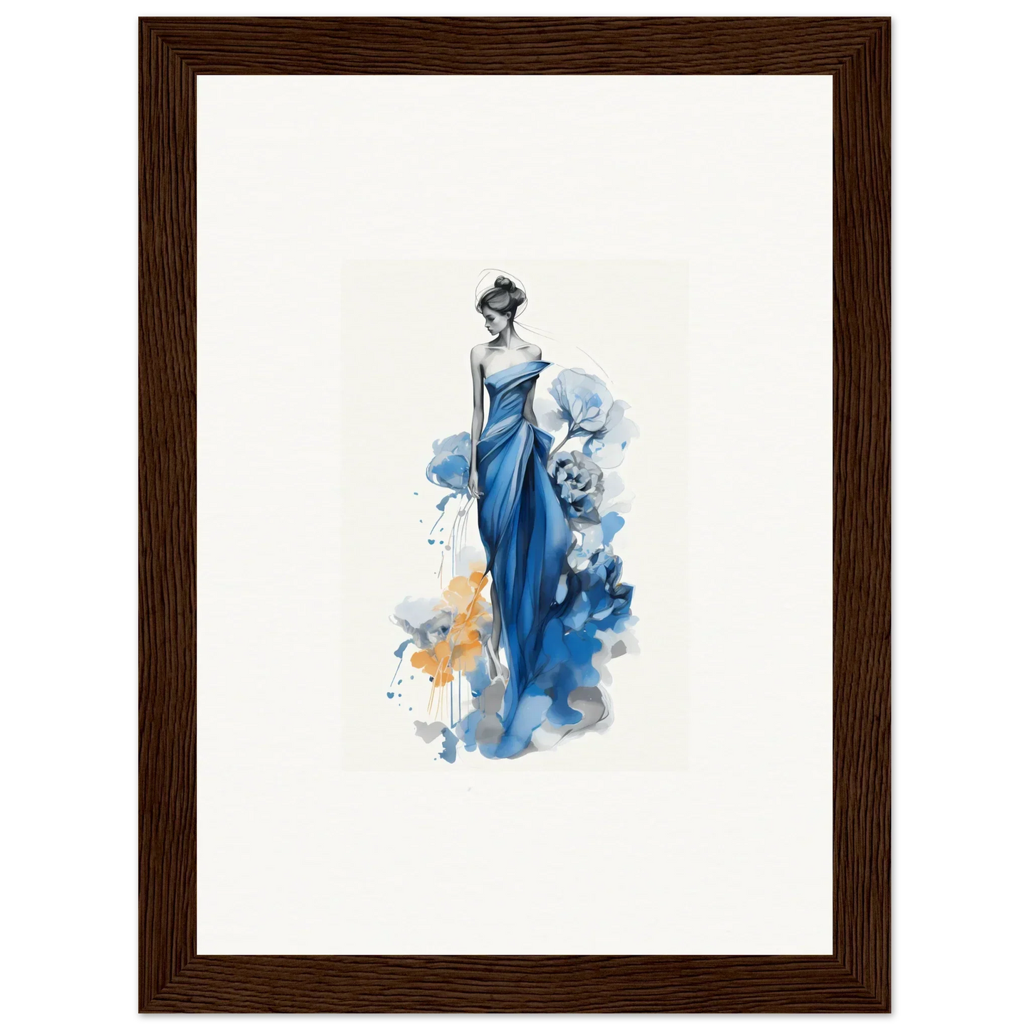 Elegant watercolor fashion illustration of a figure in an evening gown from Ephemeral Sapphire Blossoms