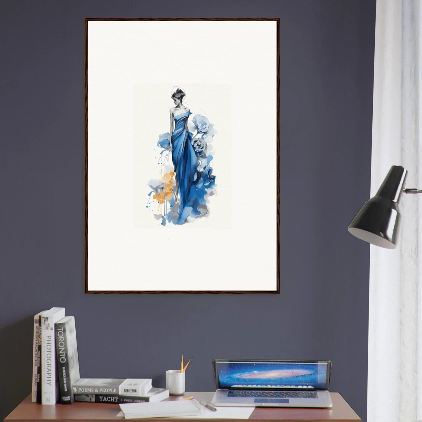 Watercolor of a graceful figure in blue dress, part of Ephemeral Sapphire Blossoms art