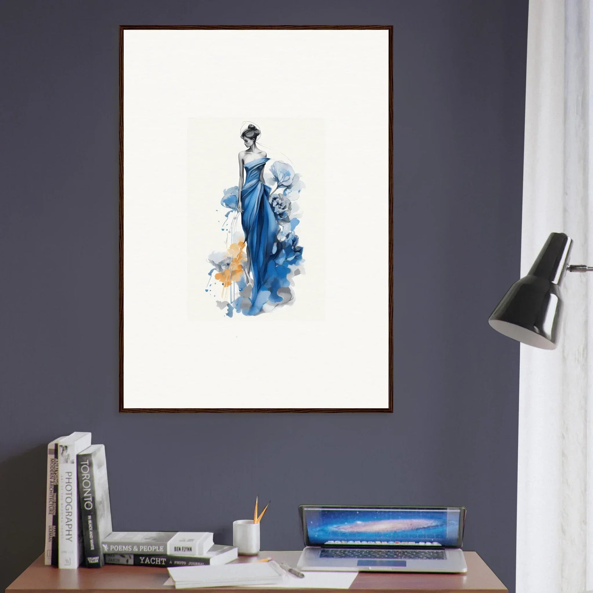 Watercolor of a graceful figure in blue dress, part of Ephemeral Sapphire Blossoms art