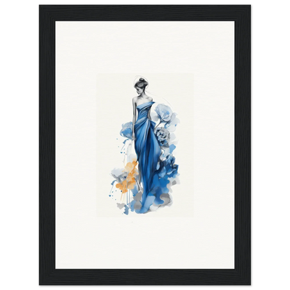 Elegant watercolor fashion illustration of a blue gown from Ephemeral Sapphire Blossoms