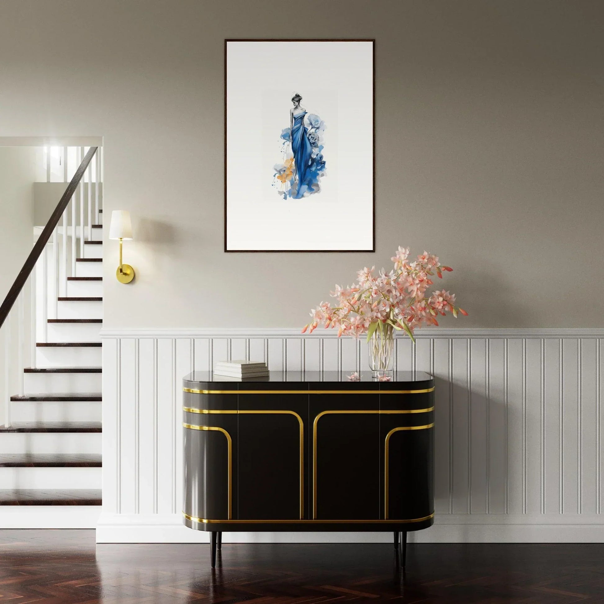 Stylish Art Deco black cabinet with gold trim, perfect for showcasing Ephemeral Sapphire Blossoms