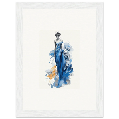 Elegant figure in a blue gown with watercolor effects for Ephemeral Sapphire Blossoms