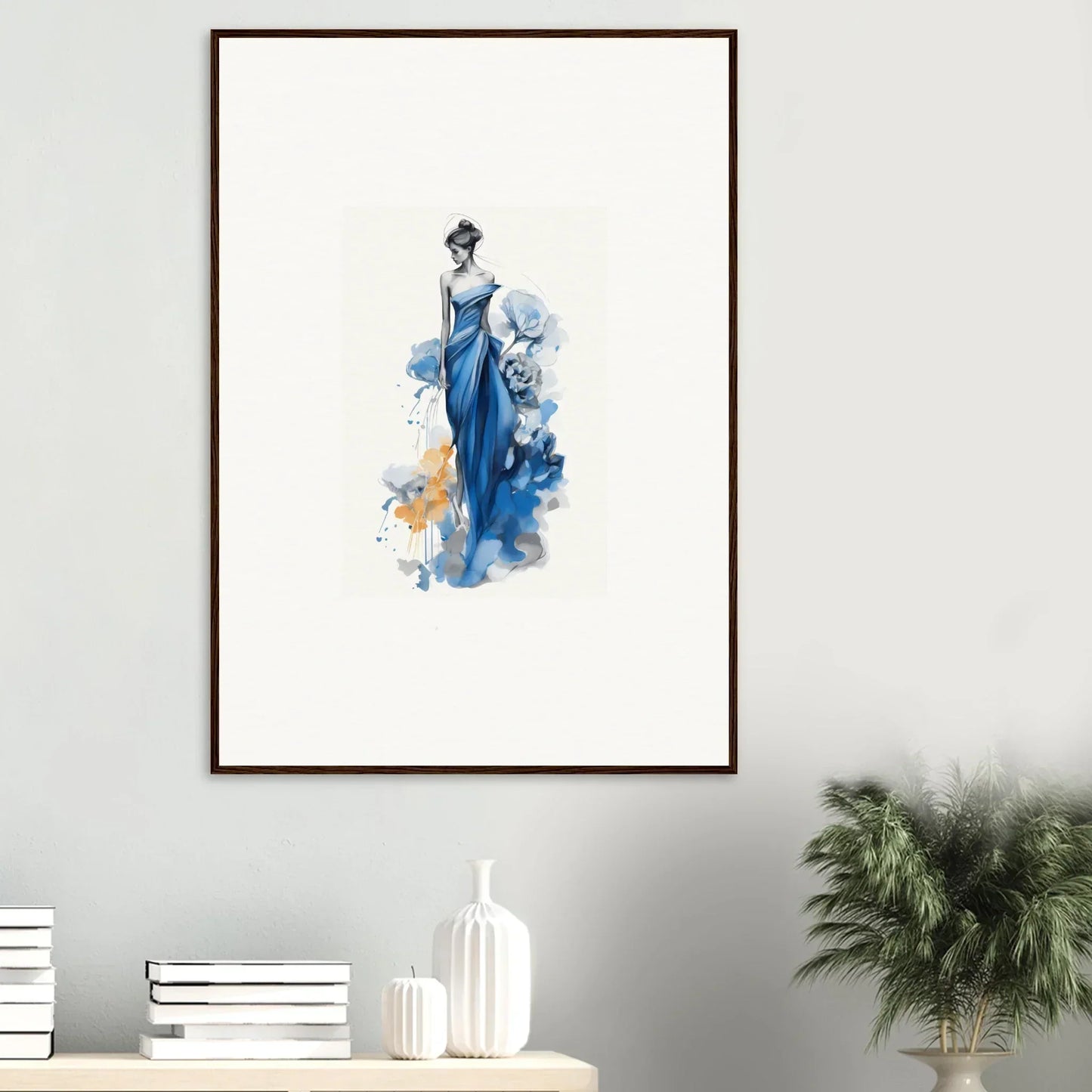 Elegant watercolor figure in blue dress for Ephemeral Sapphire Blossoms special edition art™