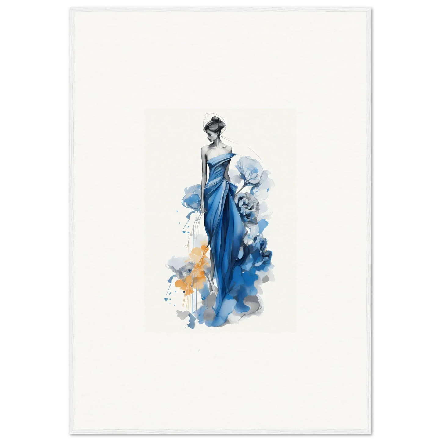 Elegant figure in a blue gown with watercolor splashes from Ephemeral Sapphire Blossoms