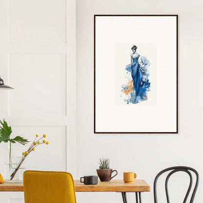 Watercolor of a figure in a blue dress, part of Ephemeral Sapphire Blossoms art