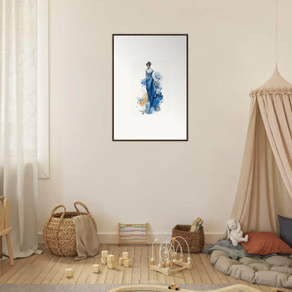 Framed wall art of Ephemeral Sapphire Blossoms in blue tones on a white background