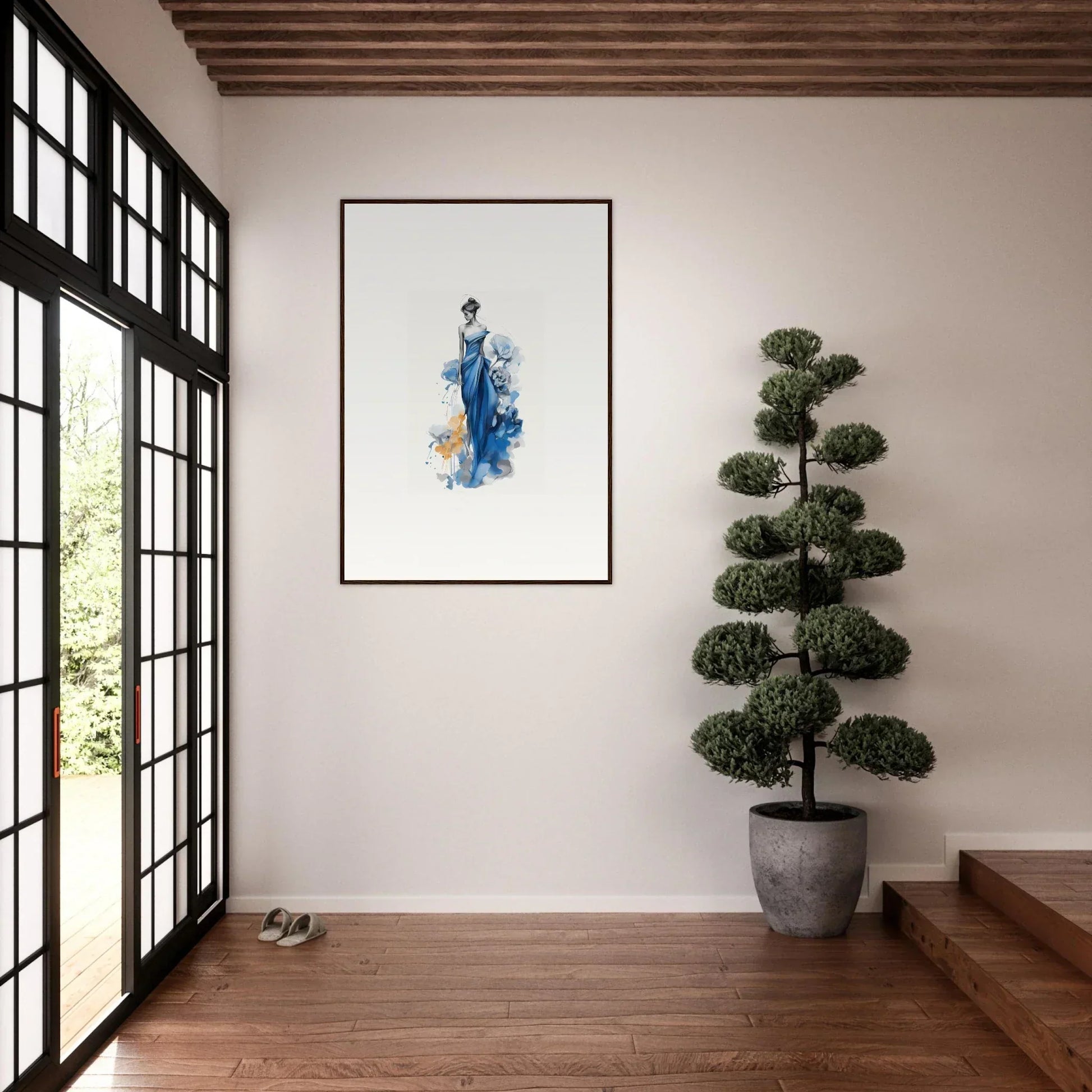 Framed wall art of a figure in blue for the Ephemeral Sapphire Blossoms collection