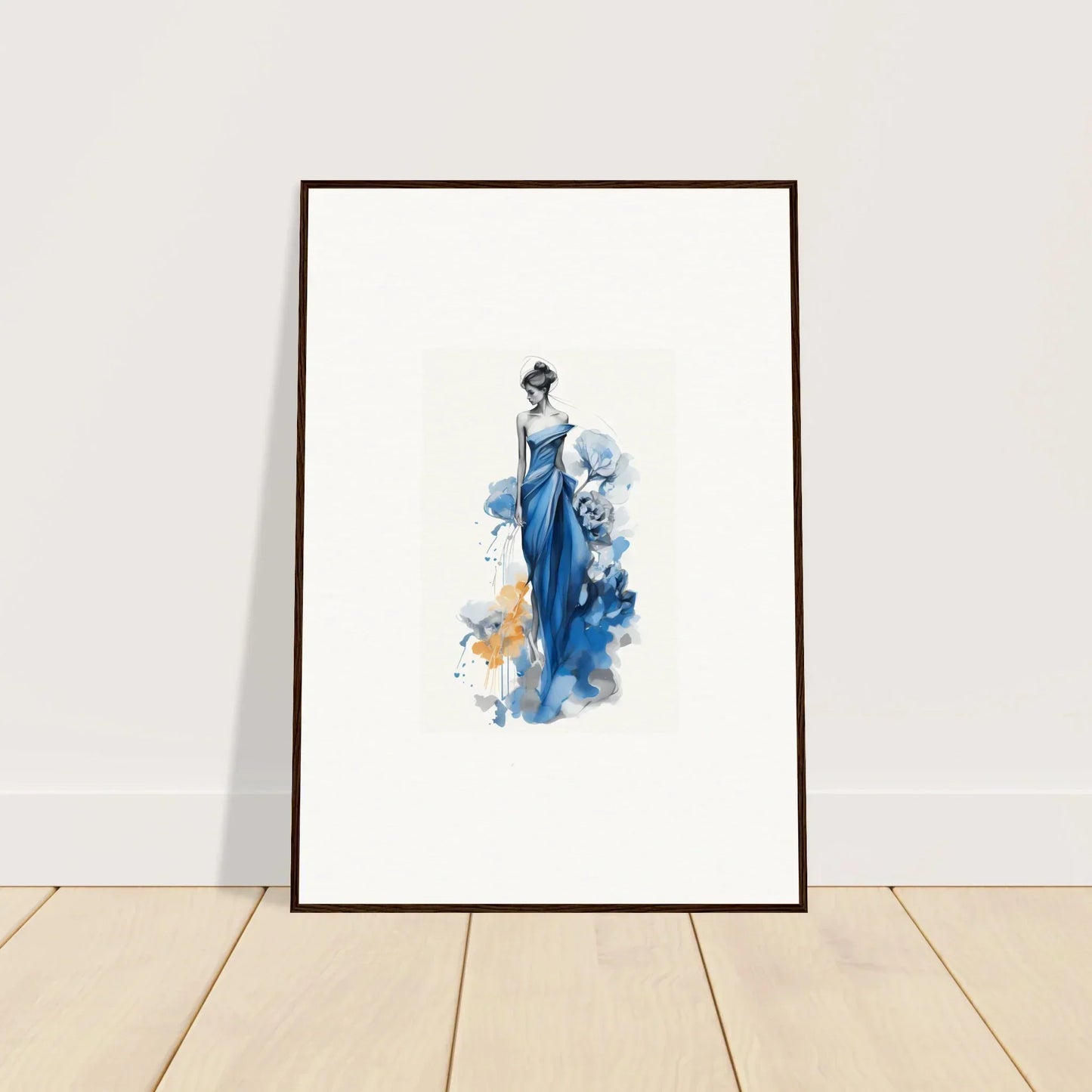 Framed wall art of Ephemeral Sapphire Blossoms with a figure in a flowing blue dress