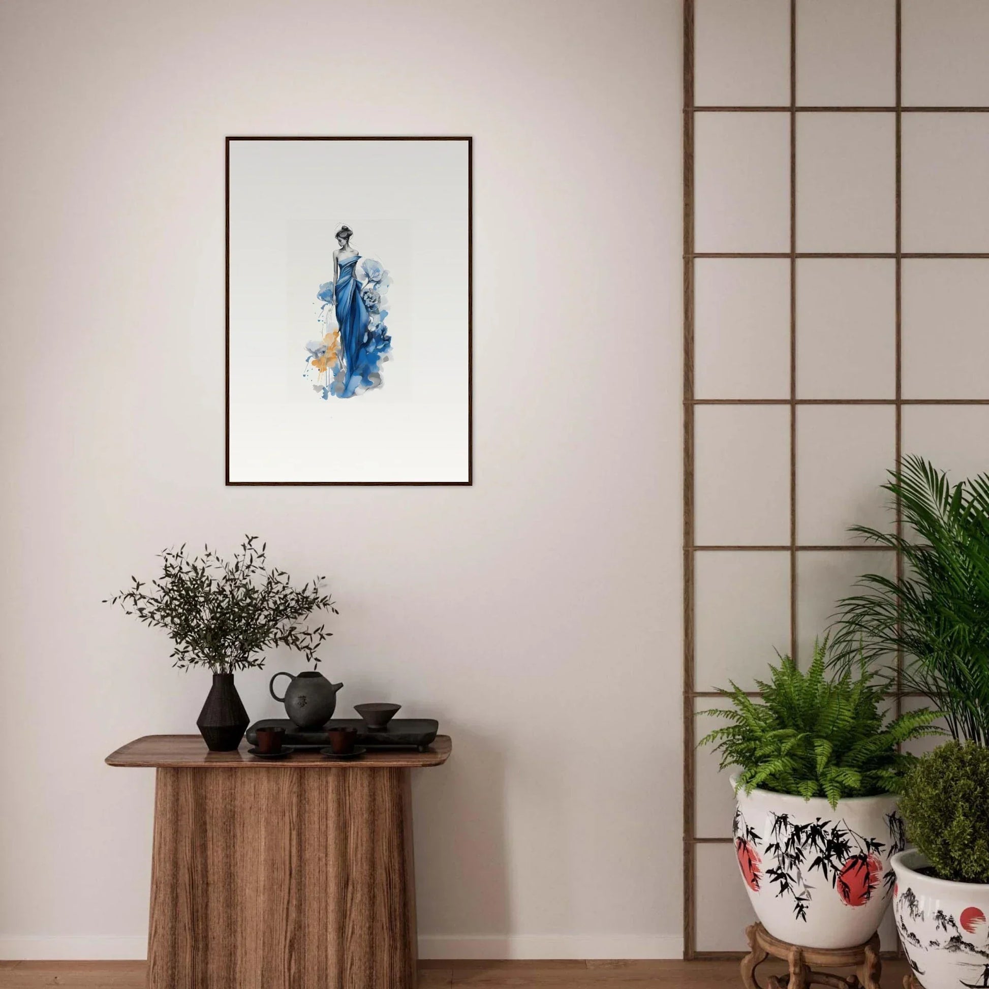 Framed wall art of Ephemeral Sapphire Blossoms with a blue abstract figure and gold splashes