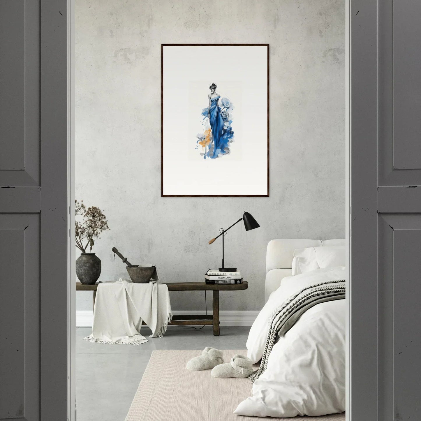 Minimalist watercolor artwork of a blue figure in a black frame, Ephemeral Sapphire Blossoms