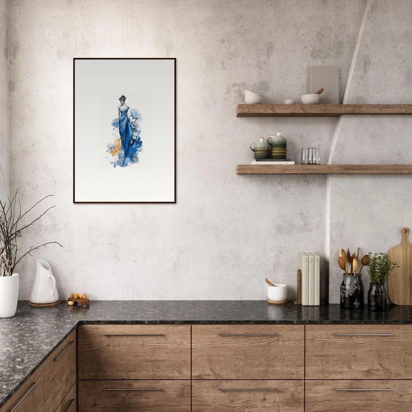 Modern kitchen with wooden cabinets and dark countertops featuring Ephemeral Sapphire Blossoms