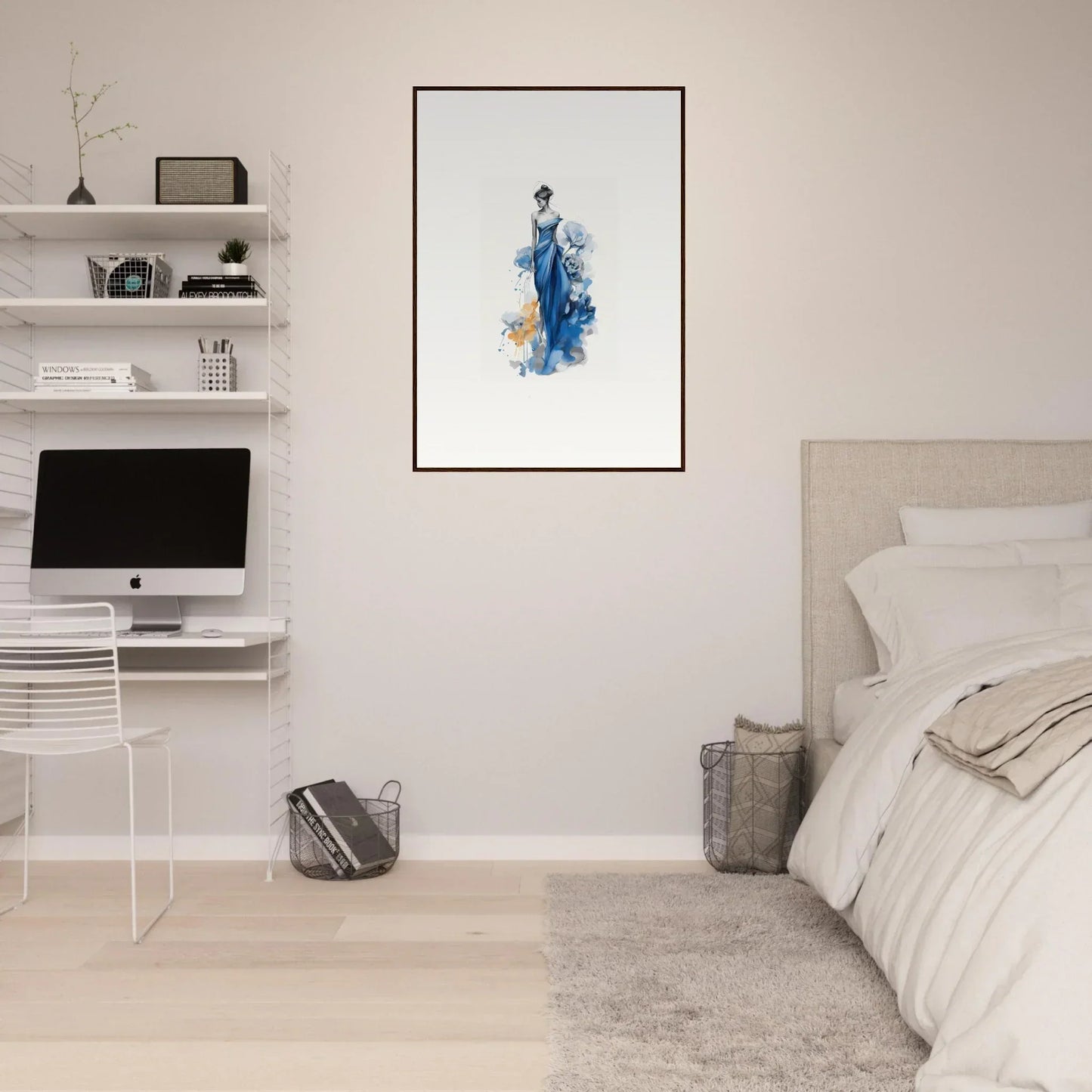 Minimalist bedroom with white walls featuring Ephemeral Sapphire Blossoms framed wall art