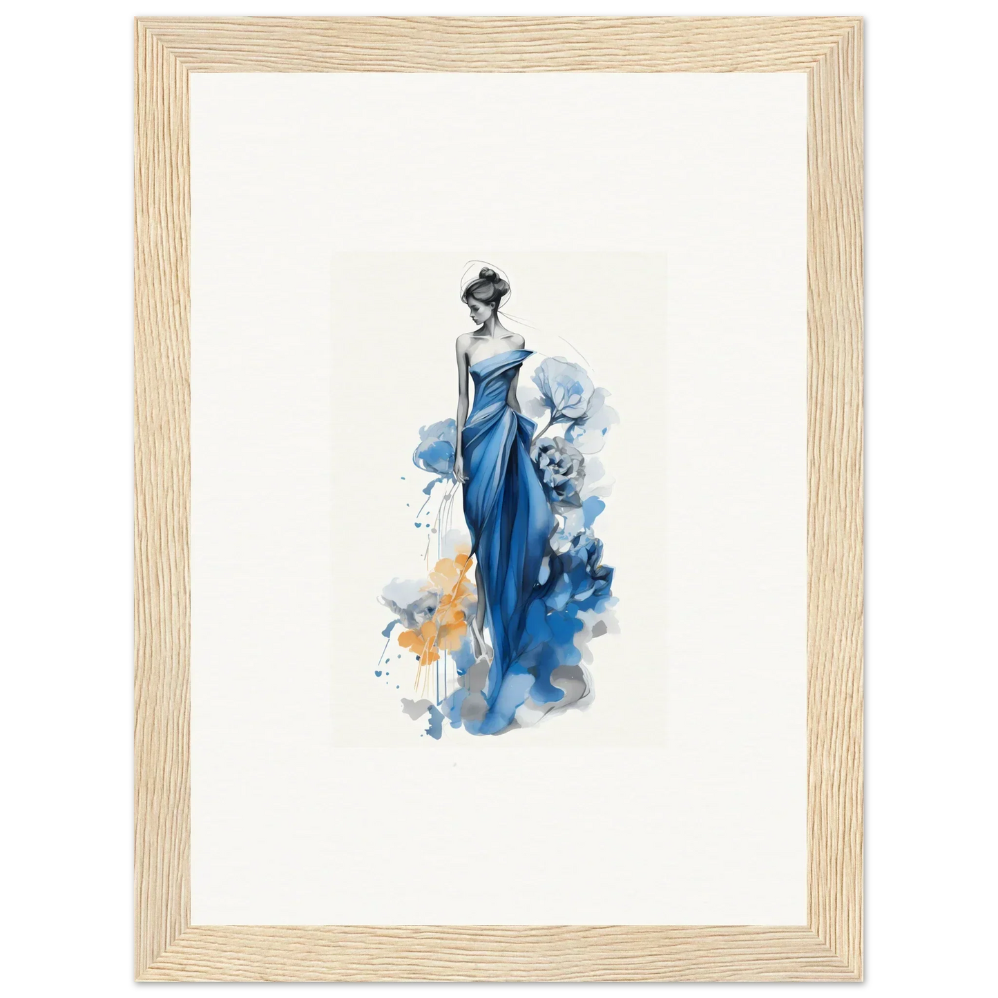 Elegant figure in a flowing blue dress with Ephemeral Sapphire Blossoms art