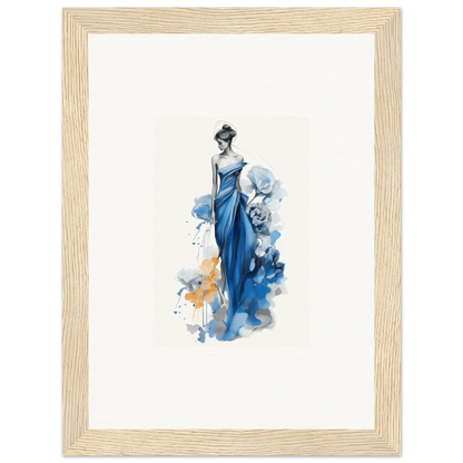 Elegant figure in a flowing blue dress with Ephemeral Sapphire Blossoms art