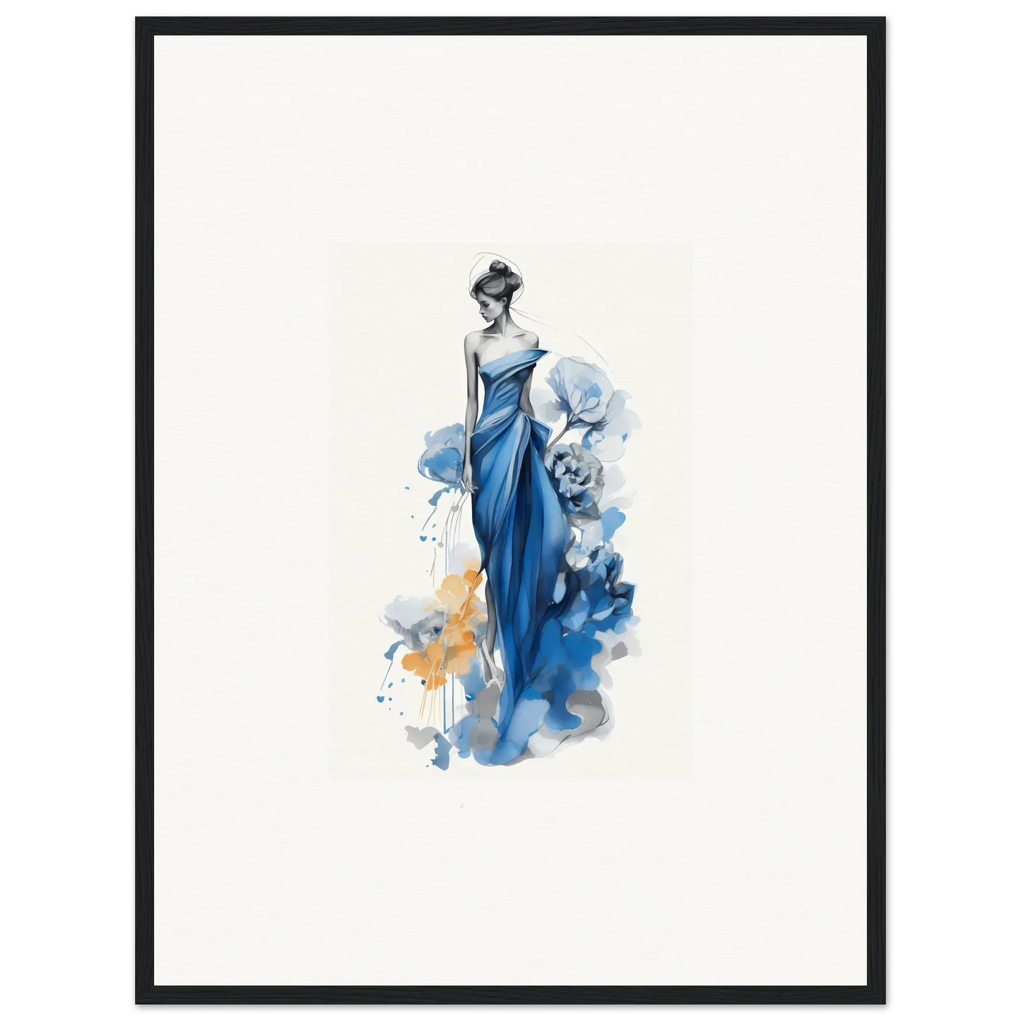 Elegant fashion illustration of a blue gown for Ephemeral Sapphire Blossoms framed art