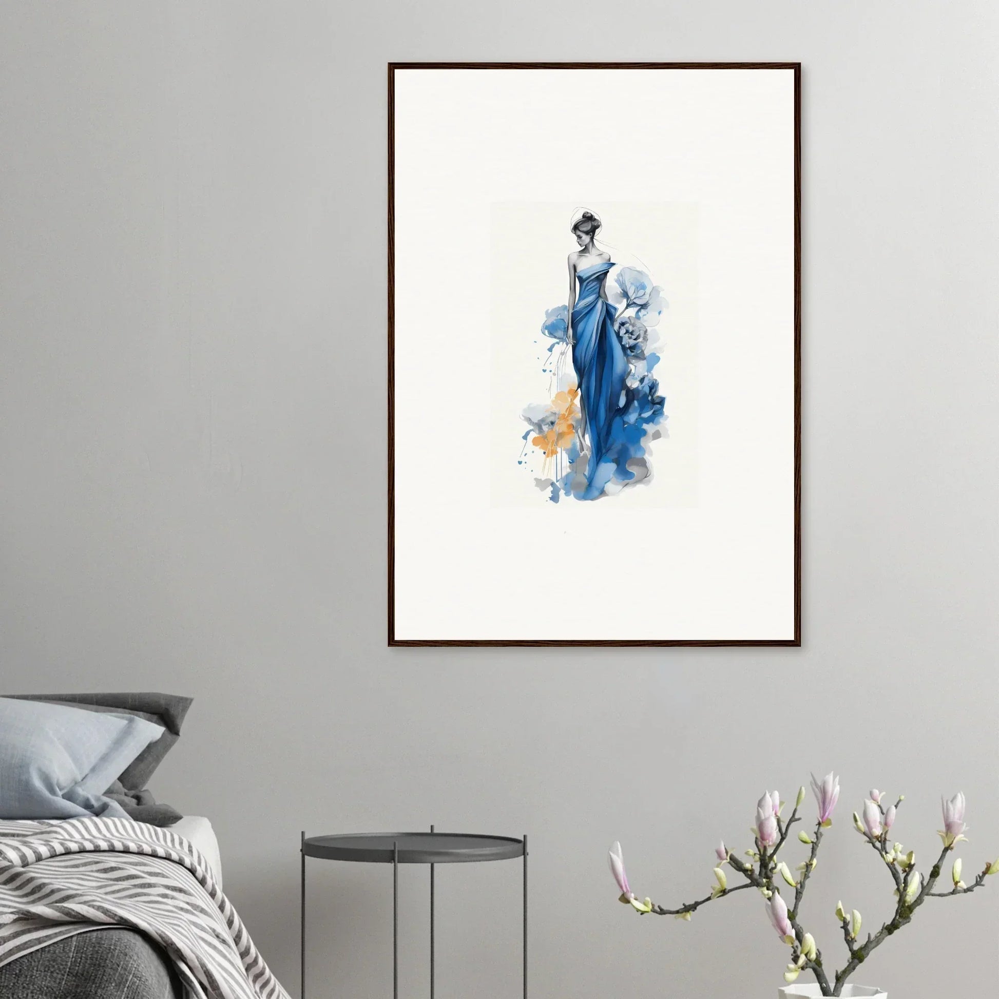 Watercolor art of a graceful figure in a blue dress, part of Ephemeral Sapphire Blossoms