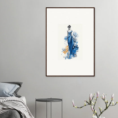 Watercolor art of a graceful figure in a blue dress, part of Ephemeral Sapphire Blossoms