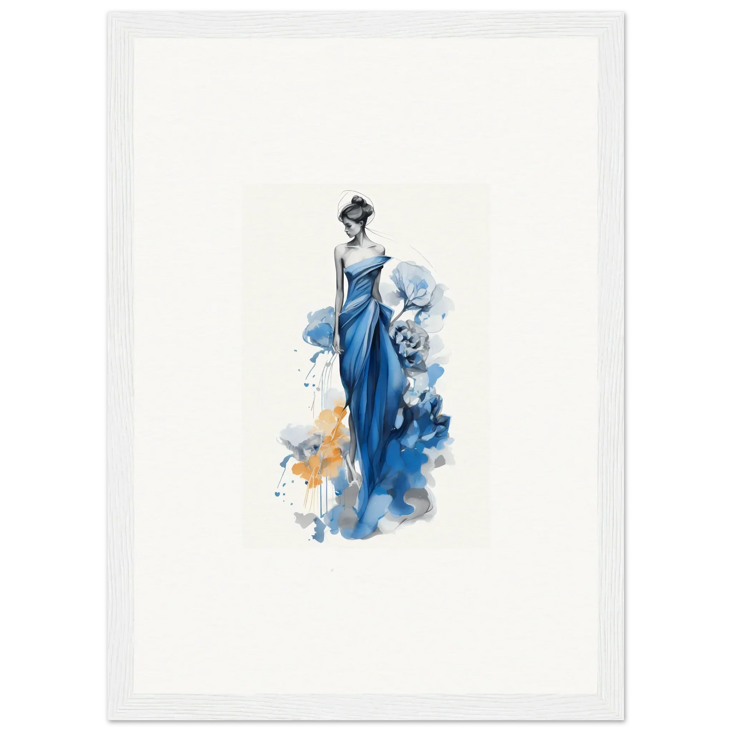 Elegant watercolor of a figure in a blue gown for Ephemeral Sapphire Blossoms art