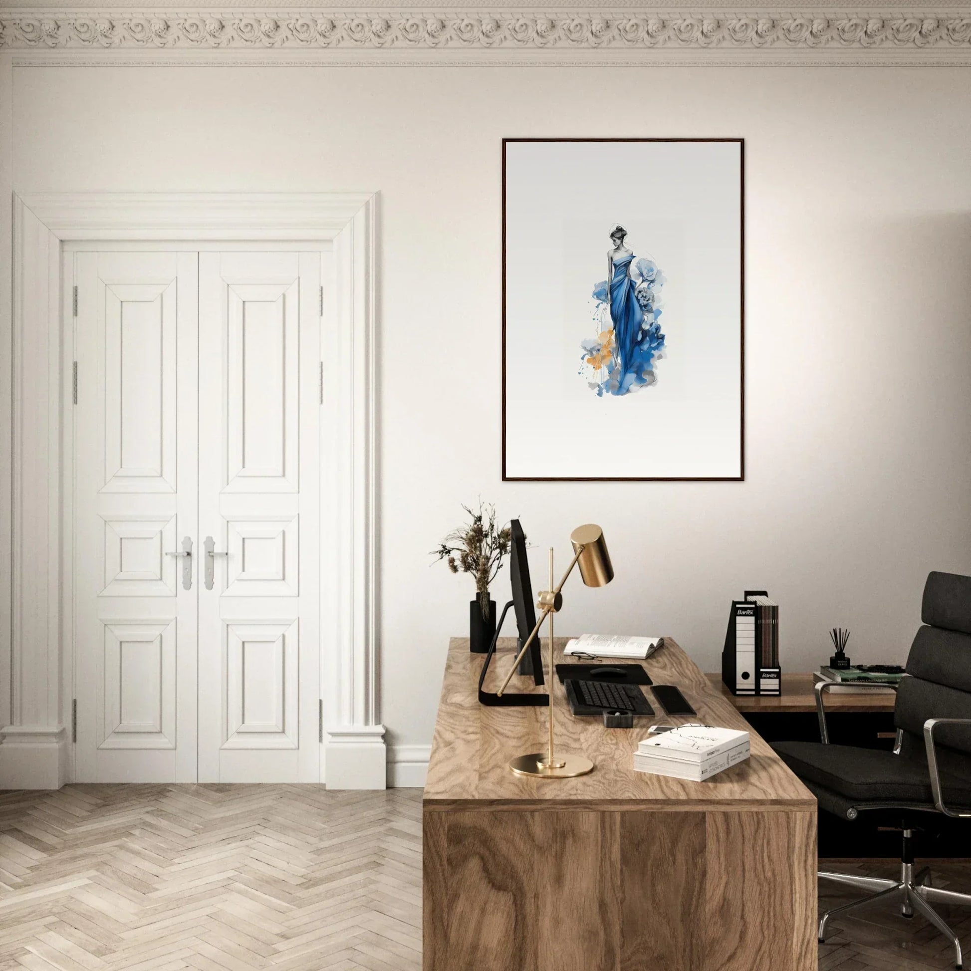 Elegant home office with wooden desk and minimalist decor featuring Ephemeral Sapphire Blossoms