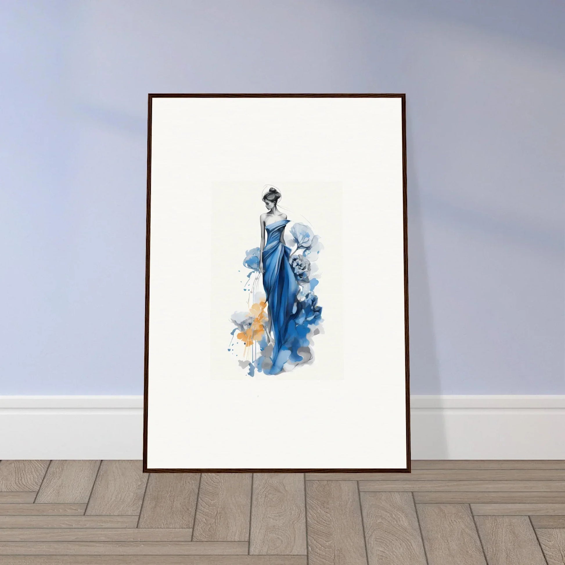 Framed wall art of flowing blue dress in Ephemeral Sapphire Blossoms design