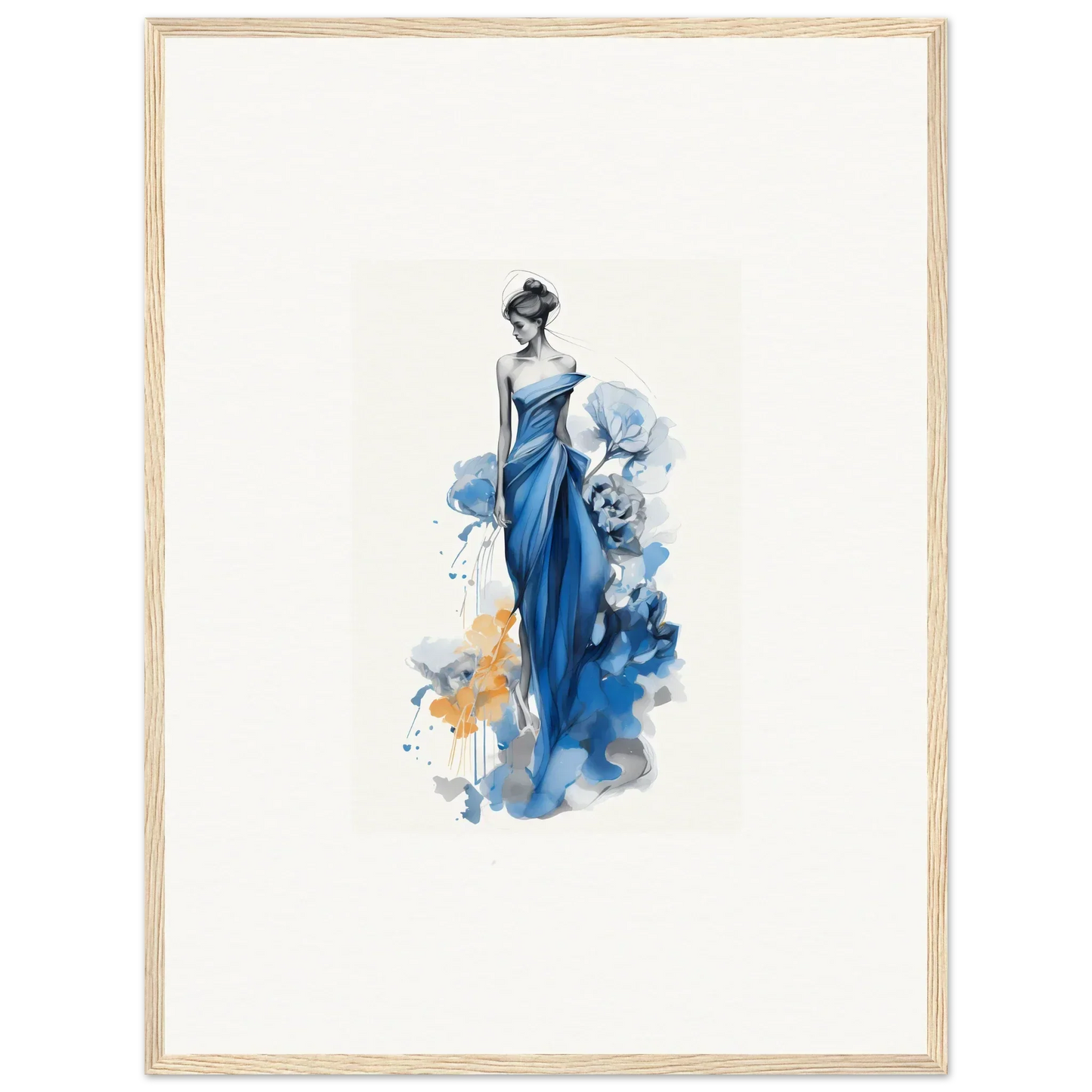 Elegant watercolor fashion illustration of a figure in a flowing blue gown, Ephemeral Sapphire Blossoms special edition art™