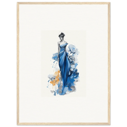 Elegant watercolor fashion illustration of a figure in a flowing blue gown, Ephemeral Sapphire Blossoms special edition art™