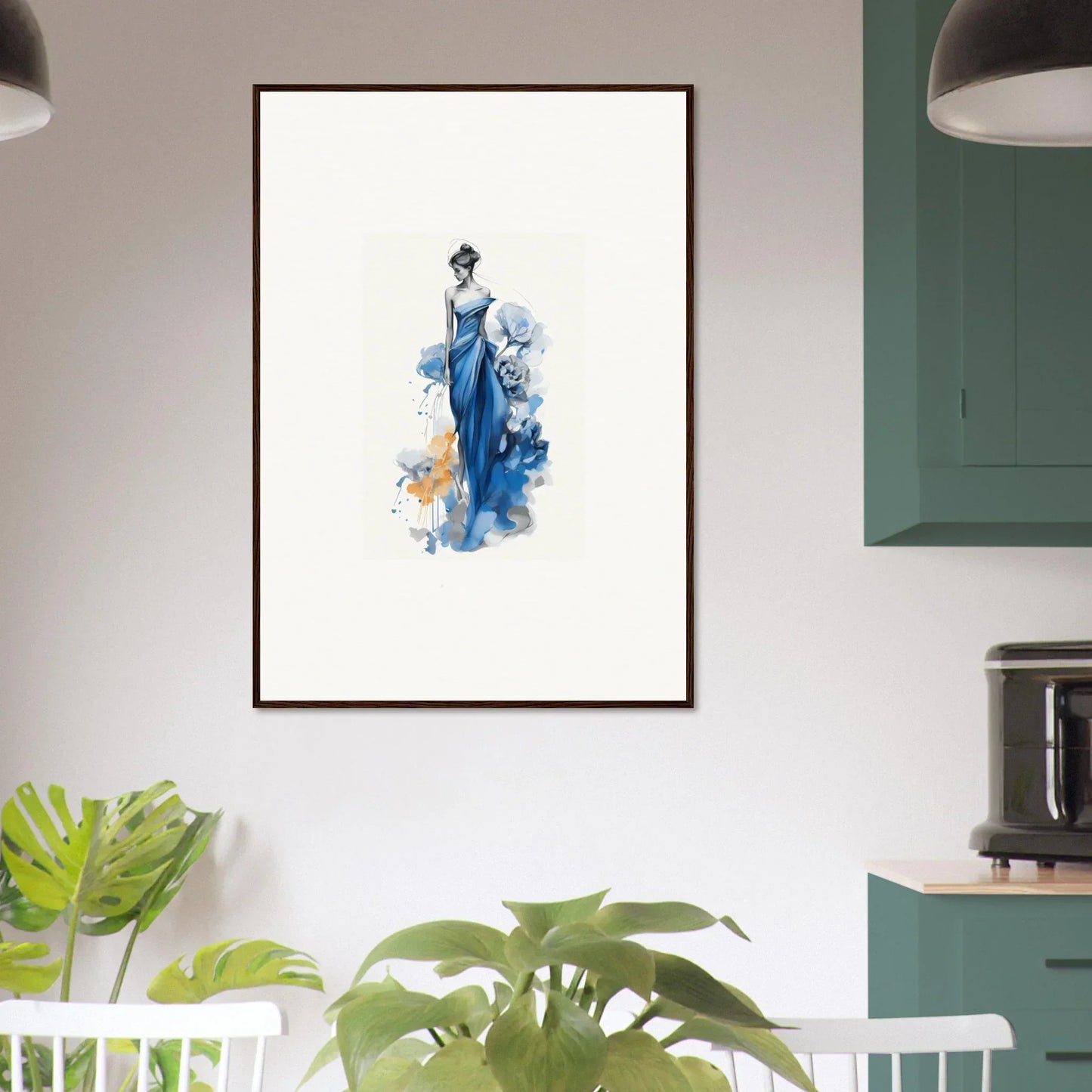 Framed watercolor art of an elegant figure in blue, perfect for Ephemeral Sapphire Blossoms