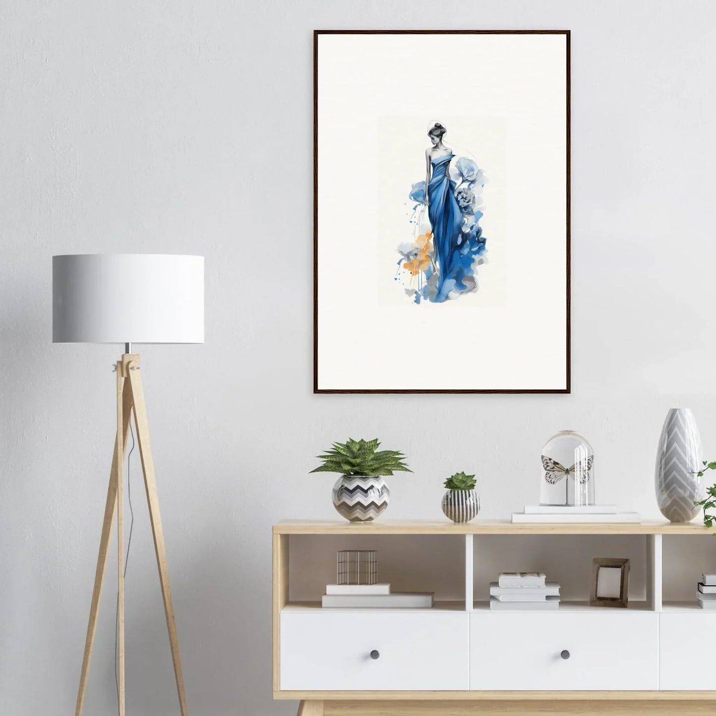 Elegant watercolor figure in a blue dress for Ephemeral Sapphire Blossoms art