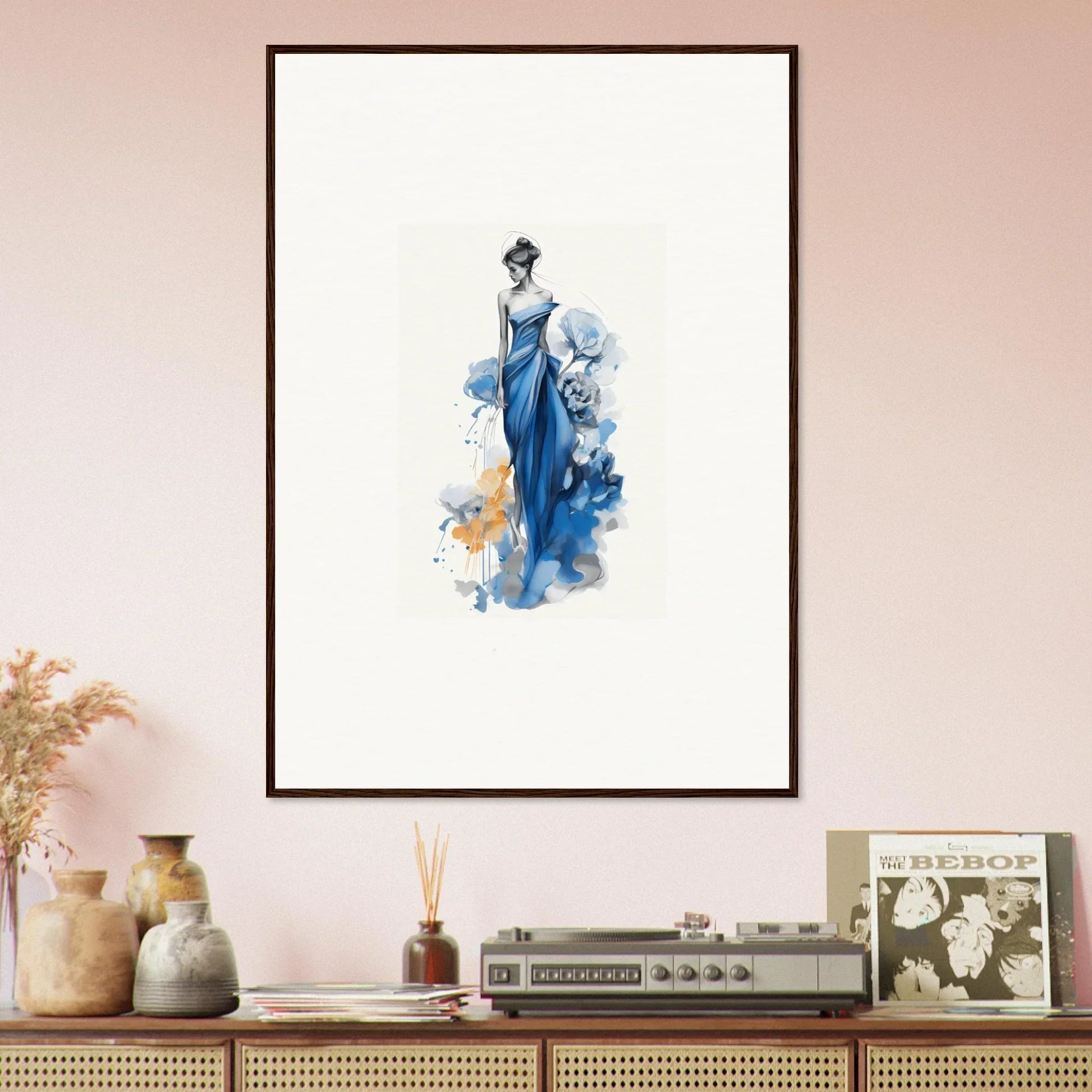 Watercolor figure in flowing blue gown from Ephemeral Sapphire Blossoms special edition art™