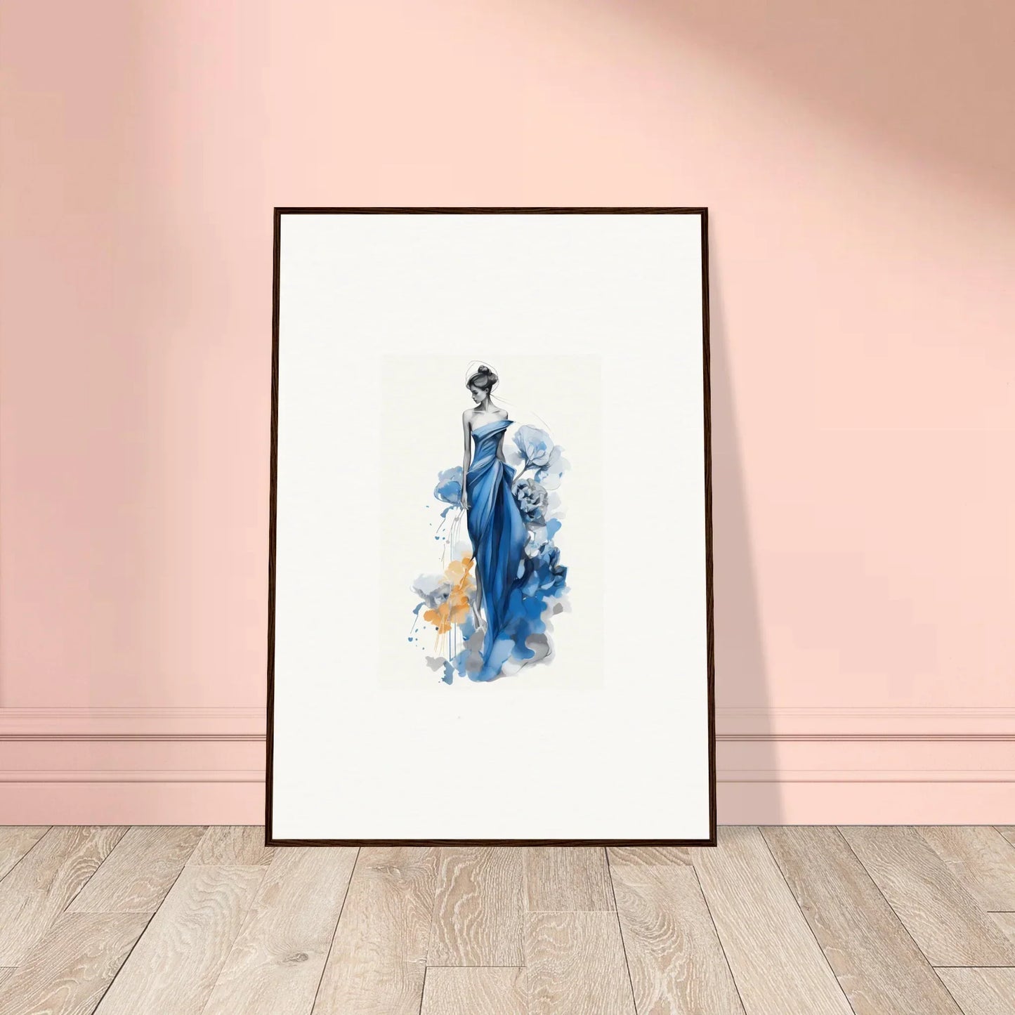 Framed watercolor art of a figure in a blue gown, part of Ephemeral Sapphire Blossoms