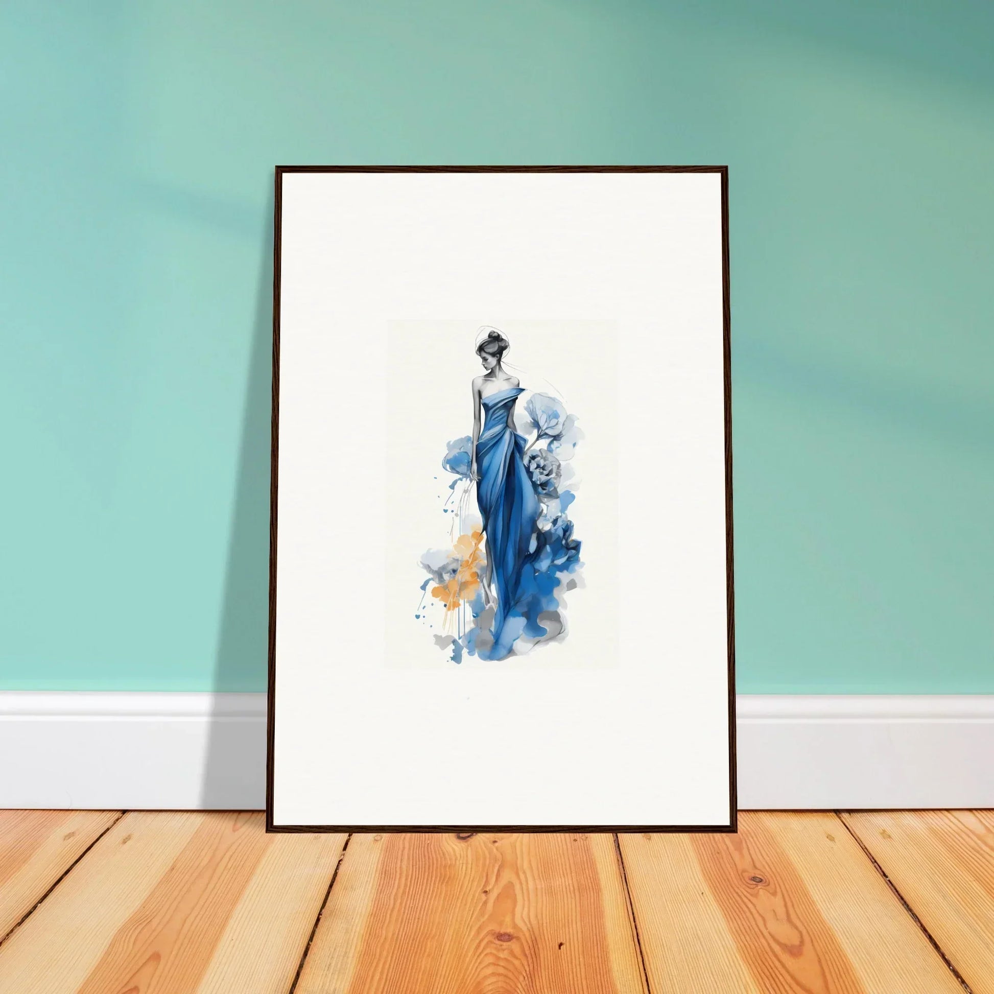 Framed Wall Art of an elegant figure in a blue dress from Ephemeral Sapphire Blossoms