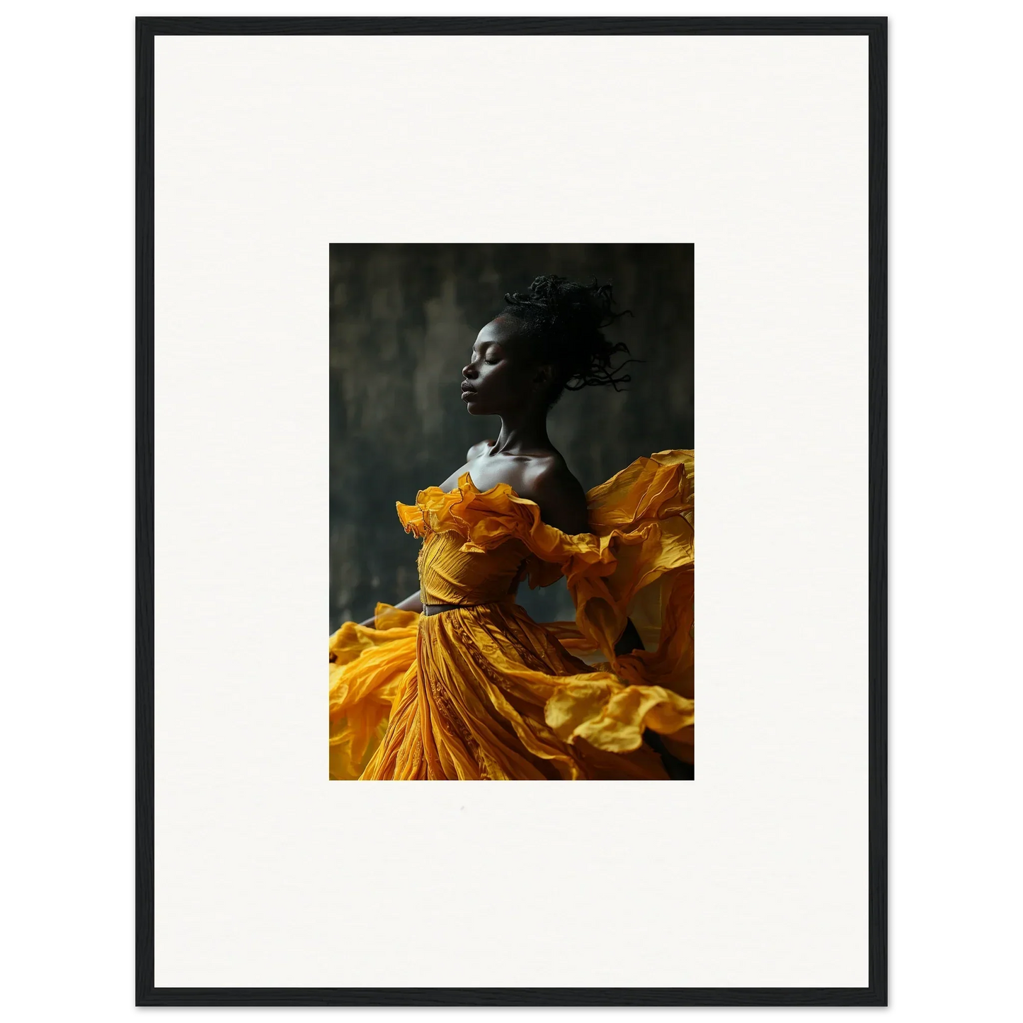 Portrait of a person in a vibrant yellow dress, perfect for sunlit whispers wall art