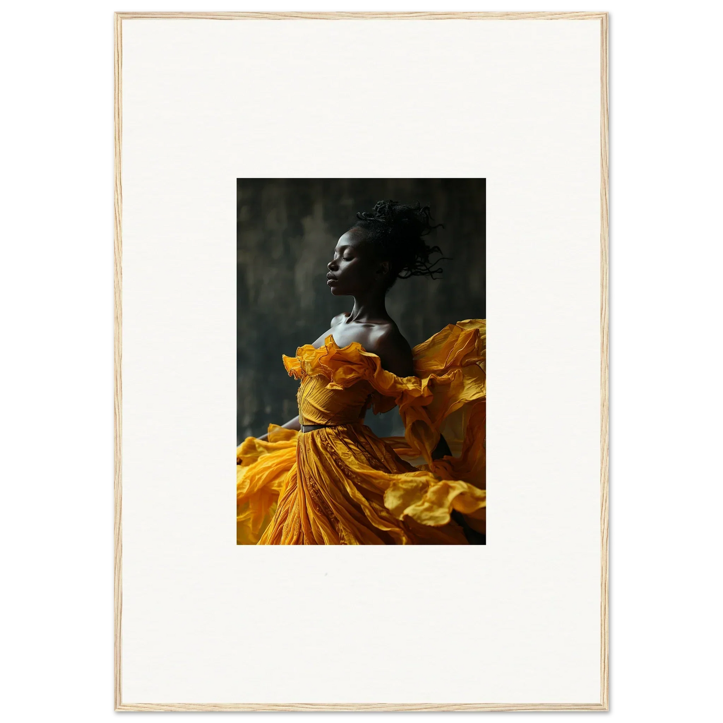 Striking portrait in yellow fabric for Sunlit Whispers framed wall art decor