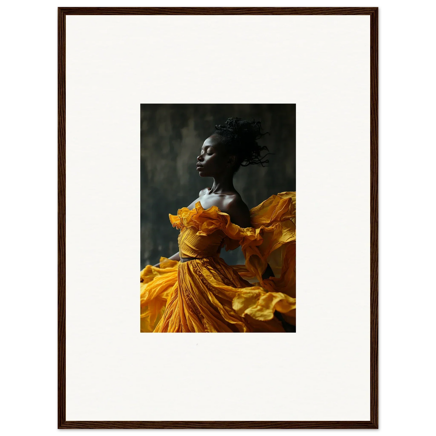 Vibrant yellow dress in motion, sunlit whispers framed wall art for stunning room decor