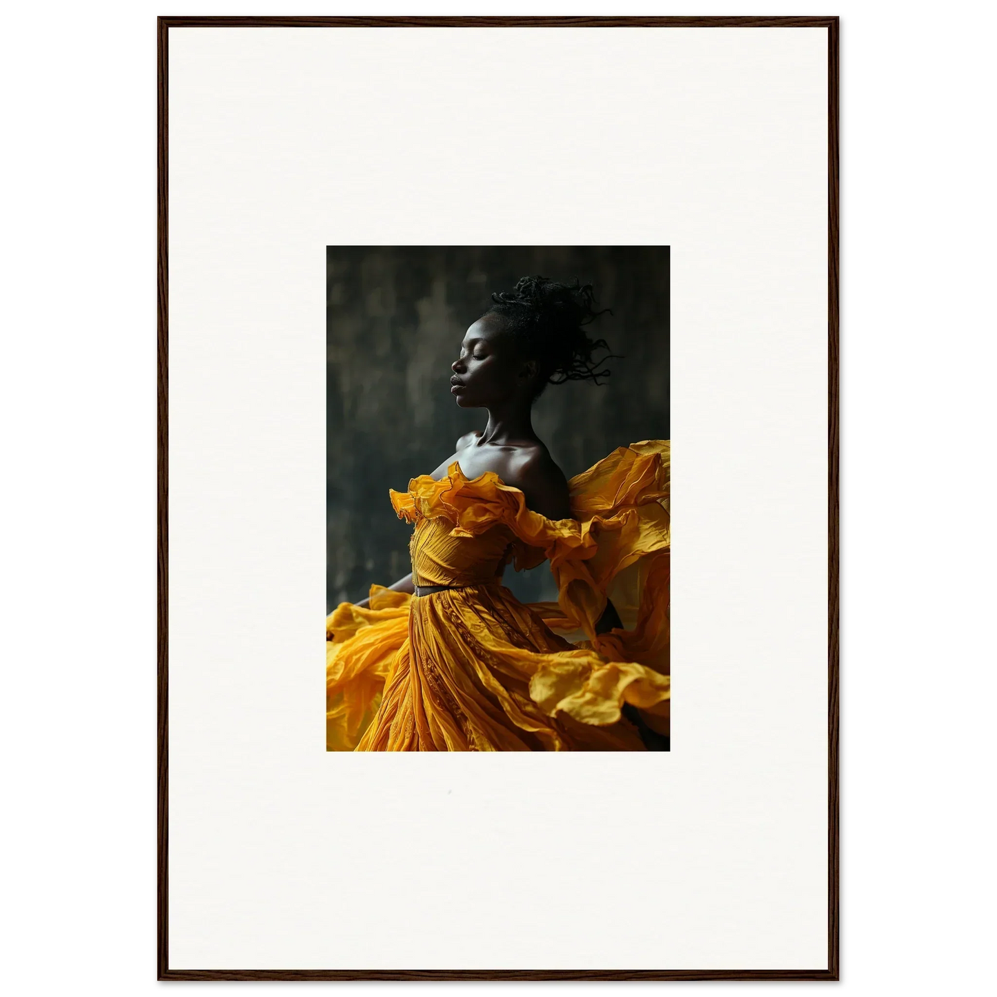 Framed wall art of a person in a flowing yellow dress among sunlit whispers